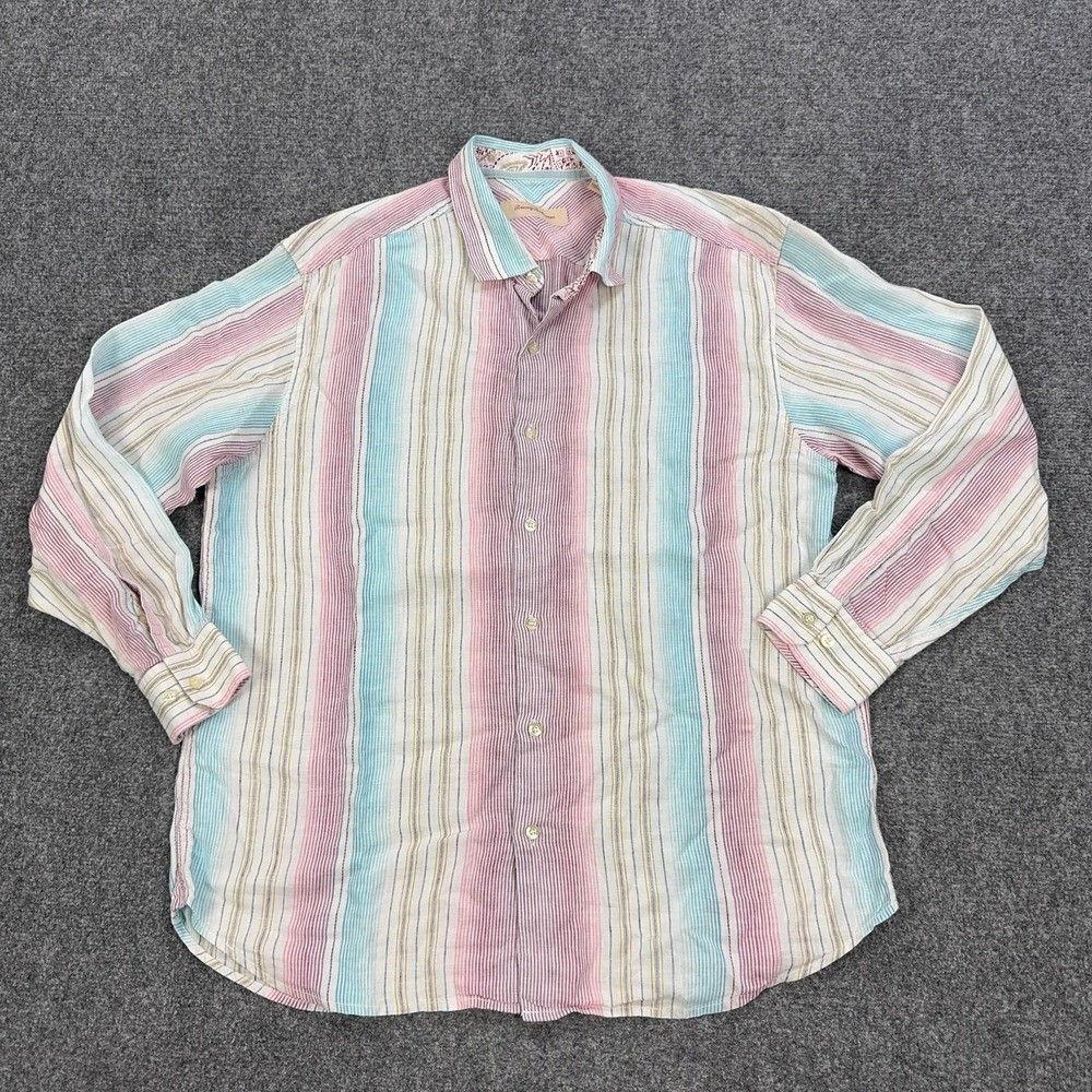 Tommy Bahama Shirt Mens XL Multicolor Striped Linen Long Sleeve Button Up